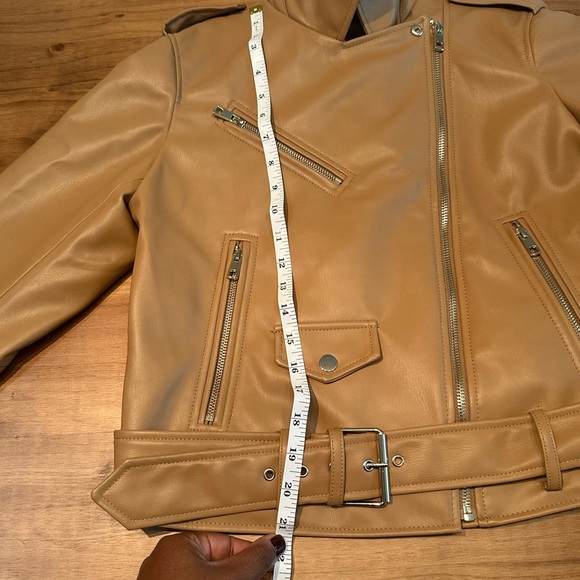 Zara Light Camel Faux Leather Biker Jacket size Large - Picture 3 of 13